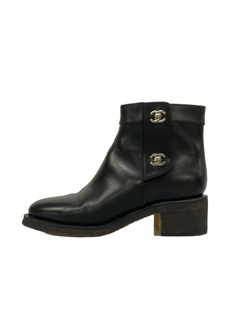 Chanel Short Boots Black Silver CC Logo Turnlock Leather